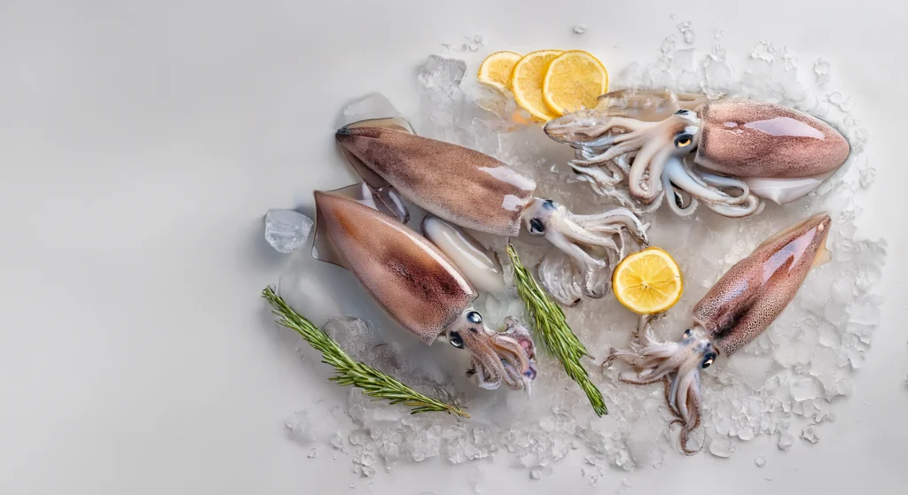 Fondo con calamares sobre hielo