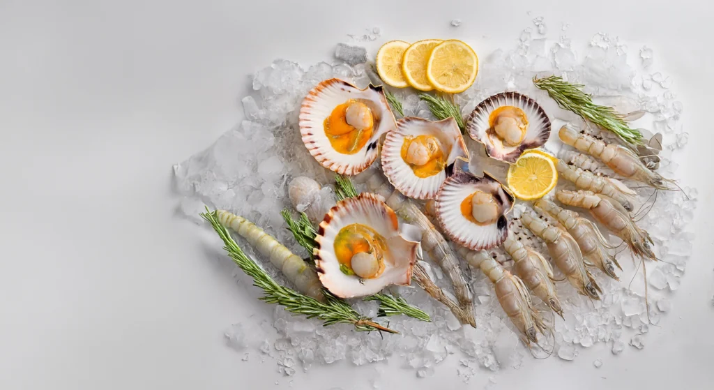 Vieiras y gambas sobre hielo