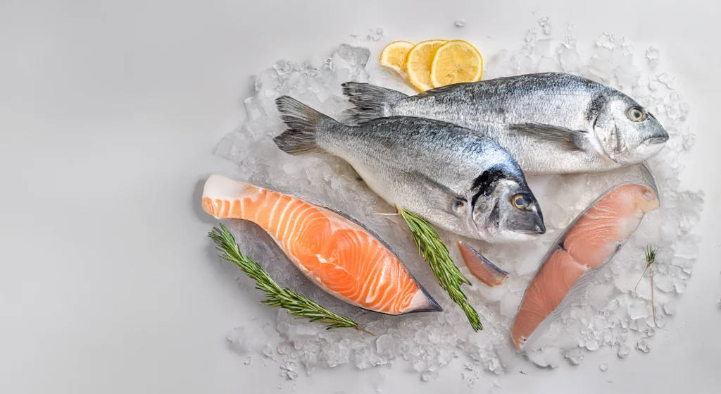 Pescados sobre fondo de hielo